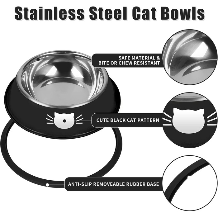 Набори мисок для котів Serentive з нержавіючої сталі (2 шт.), антиковзні, для маленьких котів, міцні, 380 мл, знімні гумові основи, легко миються, чорний та сірий кольори