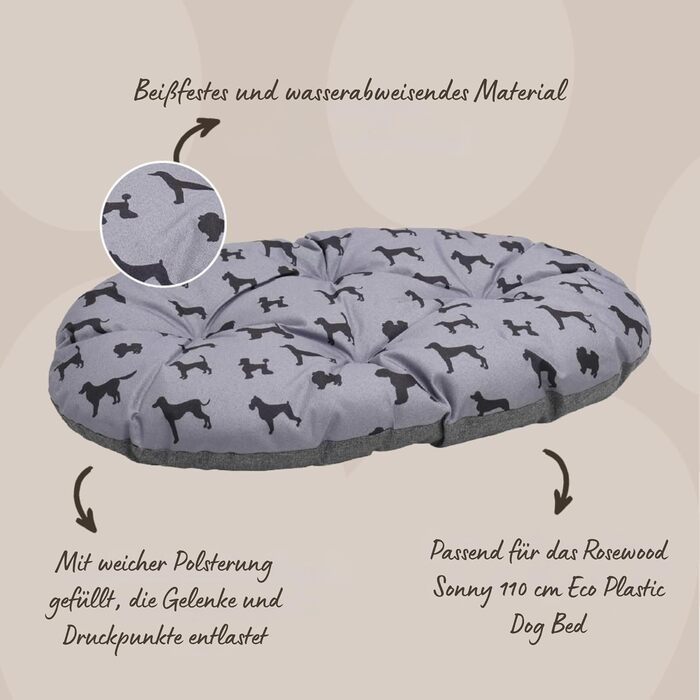 Килимок для собак Rosewood All Seasons Oval – великий, 94 см, двосторонній, з принтом собак & сірий, з виглядом льону – можна прати, зручний, для використання протягом року, розмір 20 x 60 x 20 см