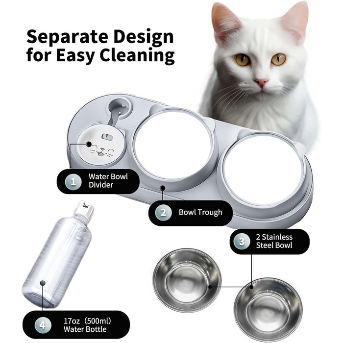 Набір мисок для котів Marchul 3 в 1: годівниця, поїлка з дозатором, миски з нержавіючої сталі, нахил 15°, для котів та собак маленьких та середніх порід (сірий)