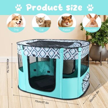 Клітка-забіг для цуценят та собак, розкладна, 70x55x40 см, зелена в клітинку