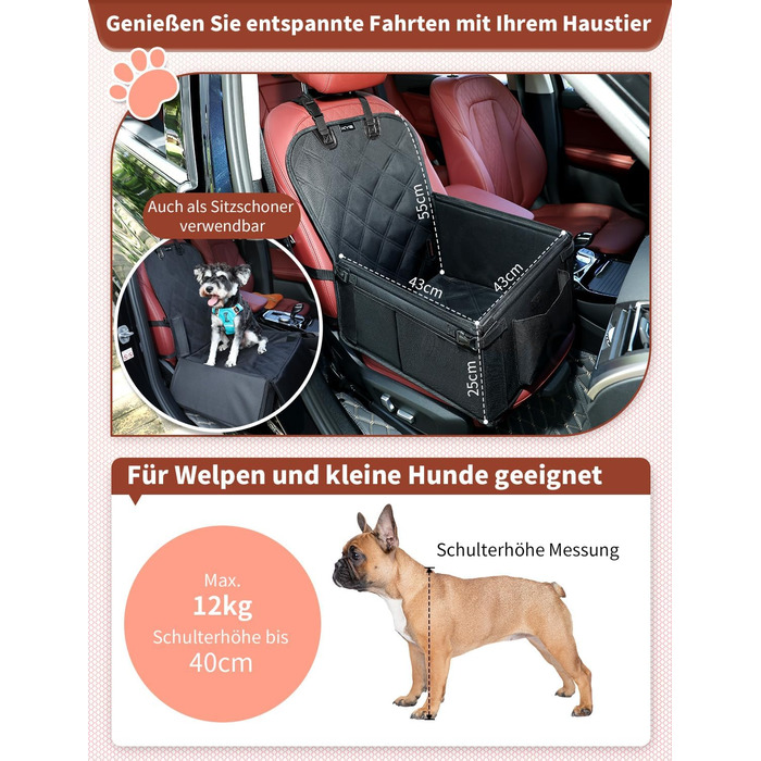 Автокрісло для собак KYG - Стабільне, водонепроникне, неслизьке та стійке до подряпин - для собак малого та середнього розміру - на переднє та заднє сидіння (Чорний) 6696