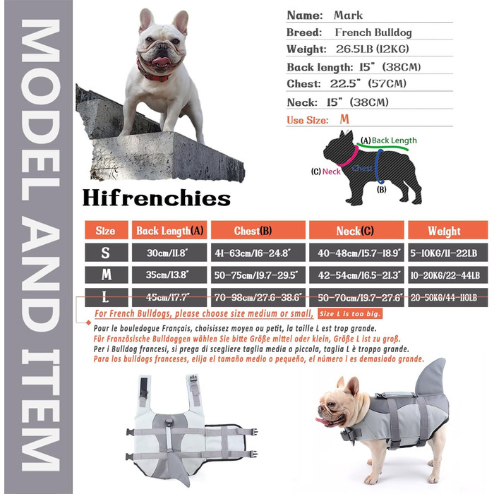 Рятувальний жилет для собак Hifrenchies у вигляді акули, розмір M (для Французького бульдога)