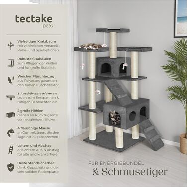 tectake XXL Дерево для котів 186 см, сизалевий стовп, іграшки, будиночок, драбинка, майданчики, антрацит