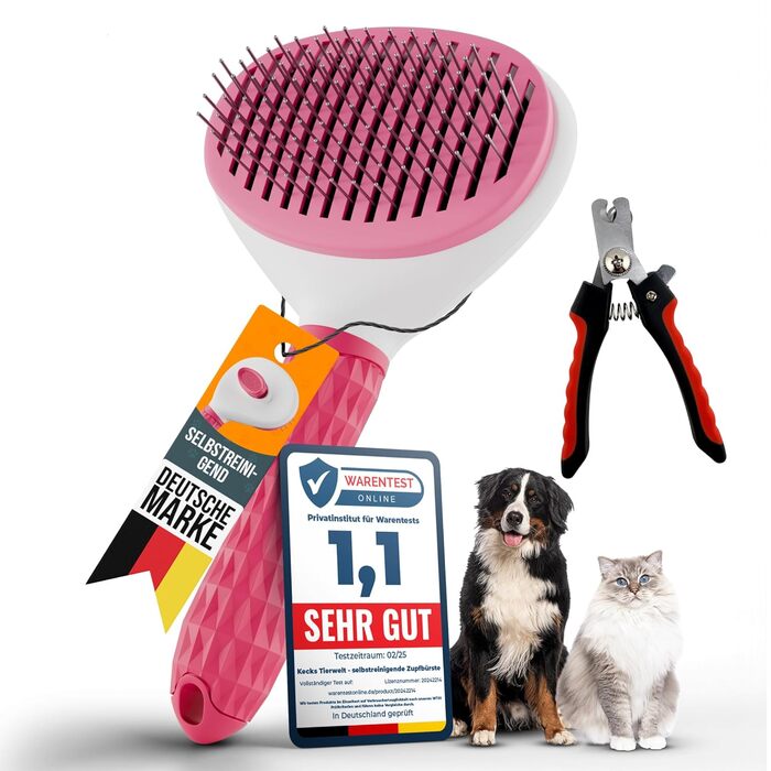 Набір щіток для котів та собак: для короткої та довгої шерсті. Включає ножиці для кігтів, зменшує випадіння шерсті, забезпечує блискуче хутро, легко чиститься натисканням кнопки. (Рожевий)