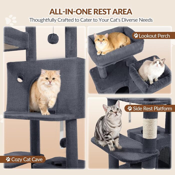 Котячий будиночок Kratzbaum 178 см, великий, стабільний з когтеточками, лежаками та платформами, сірий