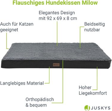 Ортопедичне ліжко для собак Juskys Milow 92x69 см, сіре, знімний і праний чохол, м'який та міцний матрац для середніх собак