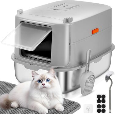 Котячий туалет Papettly з нержавіючої сталі з кришкою XXL, 30 л, високий знімний борт, килимок для туалету, легке очищення, 58x42x40 см