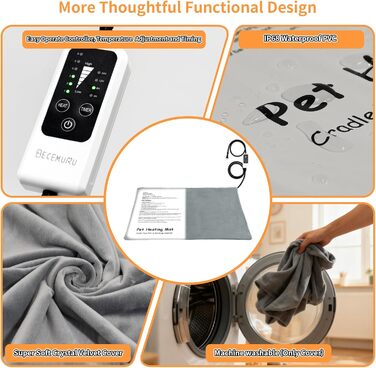 Електричний нагрівальний килимок BECEMURU для котів та собак 45x40 см з регулюванням температури та таймером