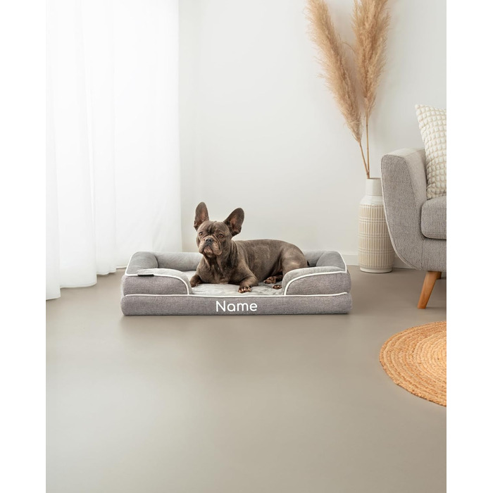 Ортопедичне ліжко для собак Lionto з піднятим бортиком, 89x63x17 см, міцне собаче ліжко з м'яким фланелевим наповнювачем, знімний та пральний чохол, неслизьке, для маленьких та великих собак та котів, сіре (з іменним нанесенням)