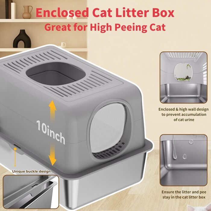 Лотку для котів з нержавіючої сталі з кришкою, великий, для великих котів, з совоком та килимком сірого кольору