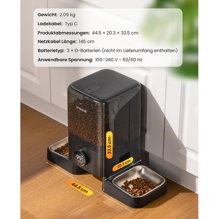 Автоматичний годівниця для котів Oneisall 5L з двома мисками, керування через додаток, Wi-Fi, PF10DAE