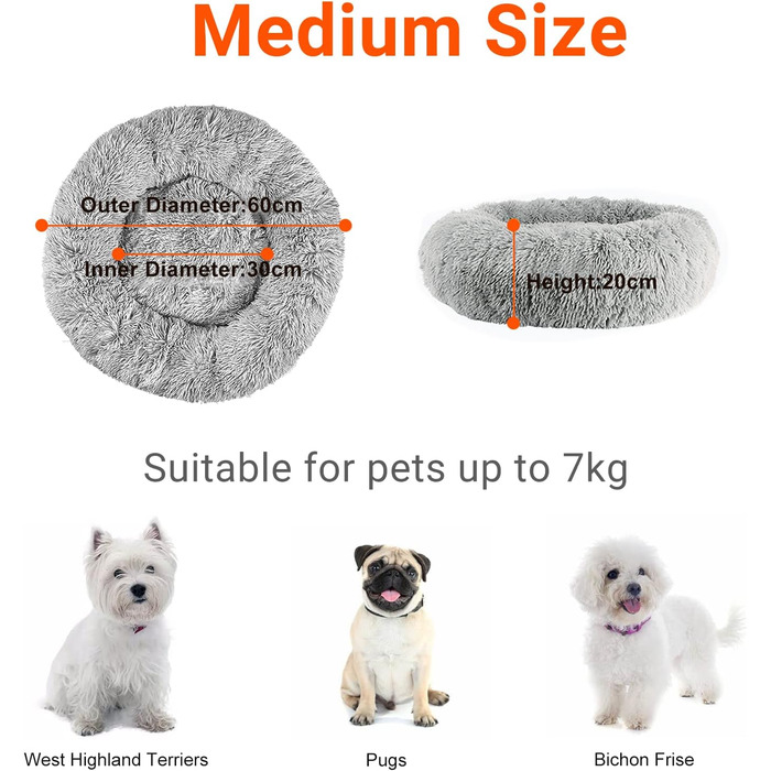 Кругле ліжко для собак OKPOW Donut: м'яке, затишне, антистрес для маленьких собак та котів, Ø60 см, світло-сірий