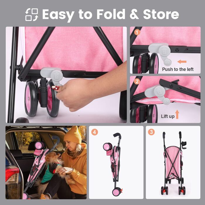 Дитяча коляска 3-в-1 для собак та котів, складана, 6 коліс, сітчаста тканина, рожева