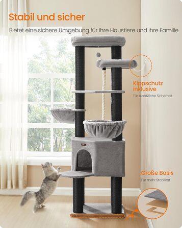 Кігтеточка Feandrea для котів, велика, багатоярусна, XXL, 55 x 55 x 186,7 см, товщина сизалю 11 см, для великих порід котів (Мейн-кун), сіро-чорна, артикул PCT008G02
