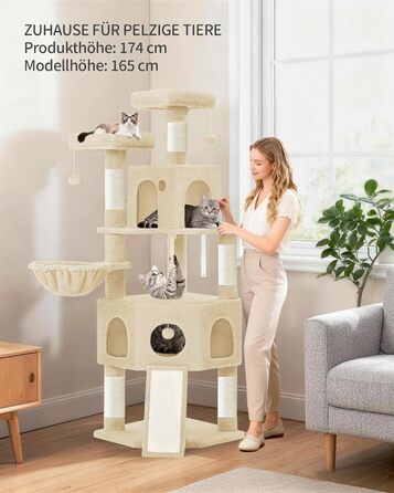 Кігтеточка для котів Hzuaneri, 174 см, XL, 2 платформи, 2 печери, 4 стовпчики, дошка для шліфування кігтів, мотузка з сизалю, плюшеві кульки, для кількох котів, MS17418LG (Бежевий)
