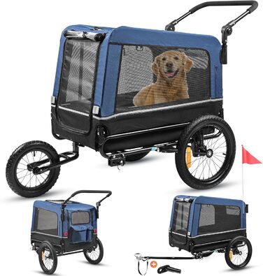 Фаркоп-причіп 3в1 для собак: причіп, візок, джогер. Об'єм 240 літрів, подвійне збирання, синій, складаний
