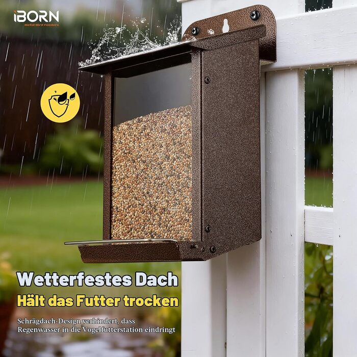 Годівниця для птахів iBorn Wand-Vogelfutterhaus для вулиці з металевим вологостійким дахом, навісна металева годівничка для дерева, паркану або стіни, легка в очищенні, колір кава