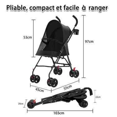 Дитяча коляска для тварин Homewell, складана, з тримачем для напоїв та ременем безпеки, вантажопідйомність 15 кг, колеса з блокуванням, чорна