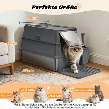 Закритий лоток для котів з нержавіючої сталі FURTIME XL з кришкою, високими бортиками, килимком та контейнером для сміття, темно-сірий (58 x 38 x 38 см)