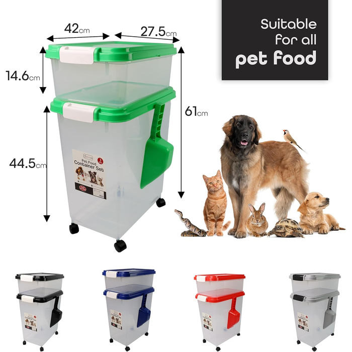 DIVCHI Контейнер для зберігання корму для тварин, 3 шт. з мірною ложкою, для собак, котів, корму, з роликами, зелений