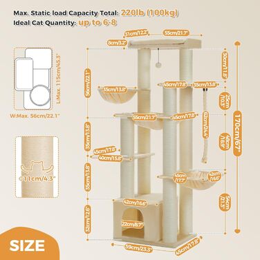 Котячий комплекс PAWZ Road з когтеточками, багатоярусний, з гамаком, 13 стовпчиків для дряпання (діаметр 11 см), велика платформа, висота 170 см, 2 кошики, колір бежевий