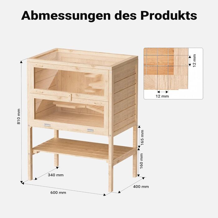 Клітка для тварин Wiltec 3-ярусна, 600x400x800 мм, дерев'яна, з відкидним верхом та оглядовим вікном, для мишей, хом'яків, 600 x 400 x 800 мм
