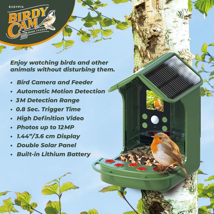 Пташина годівниця з камерою EASYPIX BirdyCam, сонячна енергія, автоматичне HD-відео та фото, кормушка для саду