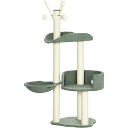 Дерев'яний будиночок для котів PawHut 123H - когтеточка, ліжко, іграшки, сизаль, плюш, кремово-білий+зелений