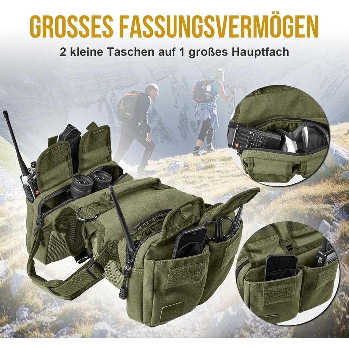 Шлейка для собак OneTigris з рюкзаком Hoppy Camper 3.0, зелена, для середніх та великих собак. Рюкзак для собак з 2 основними та 4 додатковими кишенями