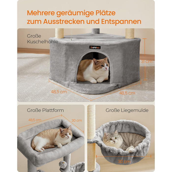 Дряпка для котів Feandrea, кігтеточка з лежаком, платформами та іграшками, 140.7 см, сірий PCT009G01