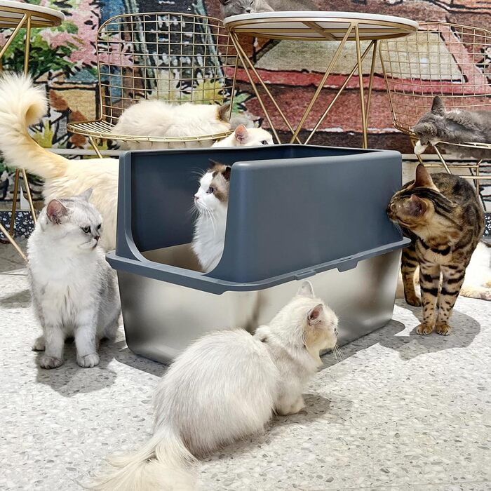 Котячий туалет LIHOOOOM XXL з нержавіючої сталі з кришкою, високими бортиками, для великих котів, легке очищення, сіра кришка, 40,5 см