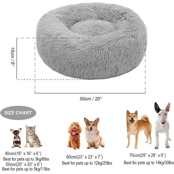 М'яке ліжко для собак та котів, 50 см, сірий колір, з антиковзною основою, легко миється