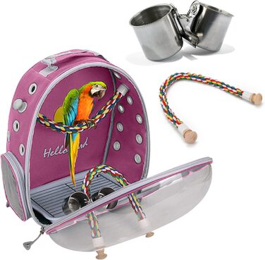 PETCUTE Рюкзак для птахів з дерев'яною жердкою, рожевий: переноска, транспортна сумка, рожевий рюкзак для папуг з підставою з нержавіючої сталі