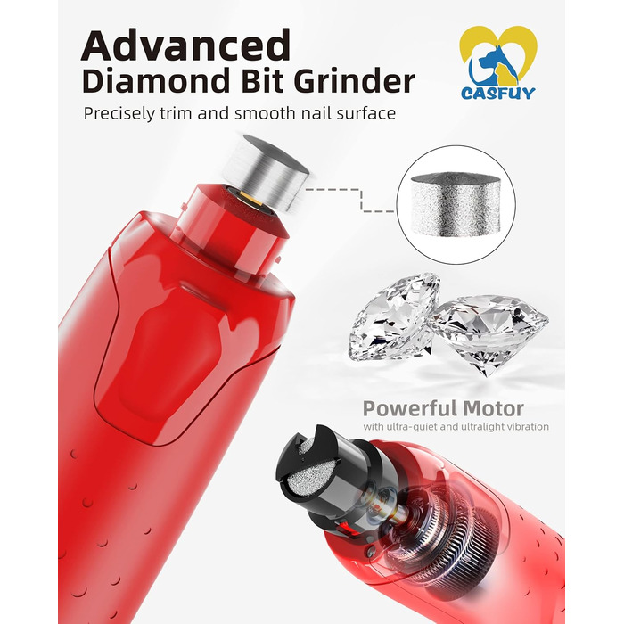 Електричний точило для кігтів собак Casfuy - 6 режимів, 45 дБ, з LED-підсвічуванням, для собак та котів великих, середніх та малих порід. Червоний