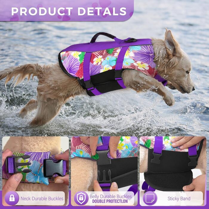 Спасальний жилет для собак Hawaiian Sports Style, жилет для плавання з ручкою, для човнів, для цуценят, великих, середніх та малих собак (Large, квіти + фіолетовий)
