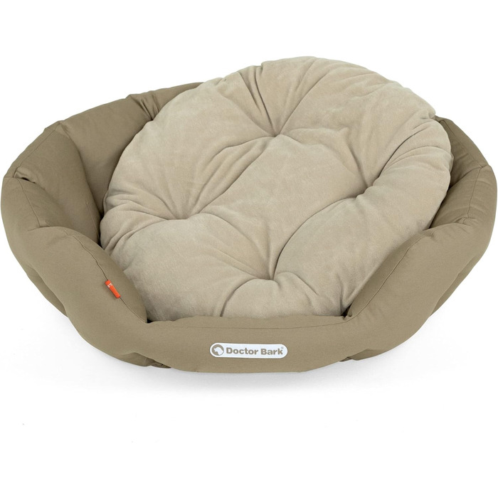 Кругле ліжко для собак Doctor Bark - м'яке собаче гніздочко для середніх собак з ортопедичною подушкою та іграшкою-кісткою. Можна прати до 95°C. Зроблено в Німеччині (L - 60x50 см, золотисто-коричневий)