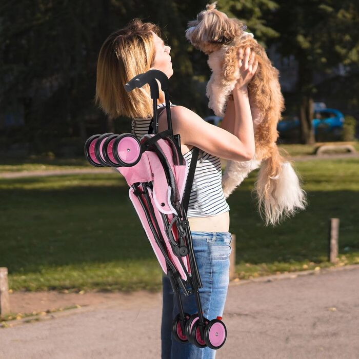 Дитяча коляска 3-в-1 для собак та котів, складана, 6 коліс, сітчаста тканина, рожева