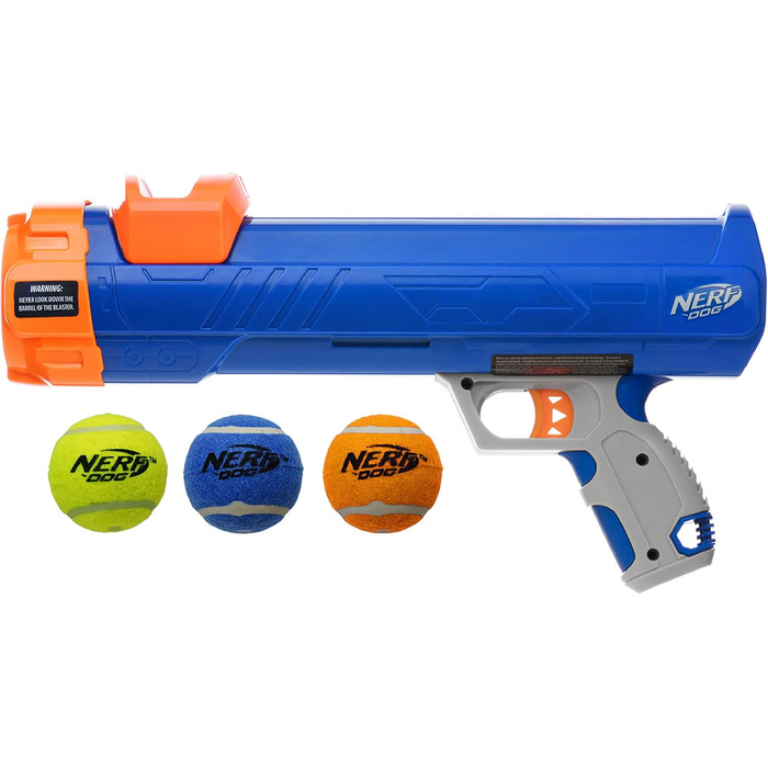 Іграшка для собак Nerf Dog 30,5 см Blaster без кліпу, з 3-ма пищащими тенісними м'ячами 5,1 см, непрозорий синій/оранжевий/сірий, оранжевий/синій/зелений
