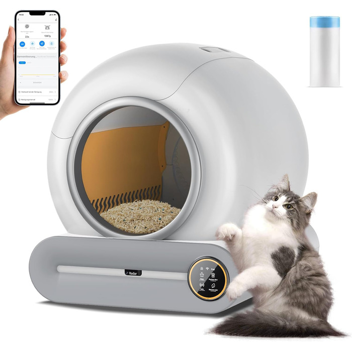 Автоматичний самоочисний лоток для котів Katzentoilette 68L з мішками для сміття, низький вхід, керування через додаток, дезодоратор, монітор здоров'я