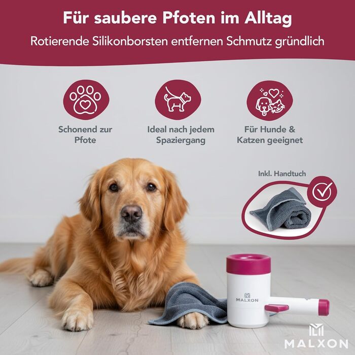 MALXON® Очищувач лап для котів та дрібних собак | Розутачі лап з обертовими силіконовими щетинками | М'який та швидкий, ідеальний для маленьких лапок | Включає мікрофіброве полотно | Рожево-білий (Фіолетово-білий)