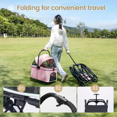 Дитячий візок-перевертач 2-в-1 для собак з знімним кошиком, складний візок для цуценят на 4 колесах, мінімалістичний візок для тварин з кишенькою для зберігання для середніх та маленьких собак, рожевий