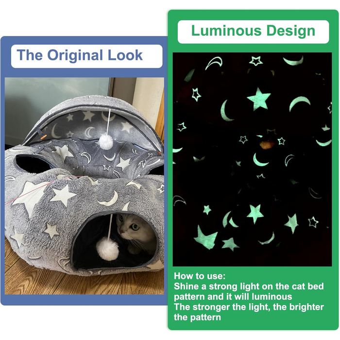 Кішка ліжко з підсвіткою, великий плюшевий тунель для котів з м'ячиком, велика шуршача печера для котів, іграшка для котів, кроликів або цуценят, сірий колір + світиться в темряві