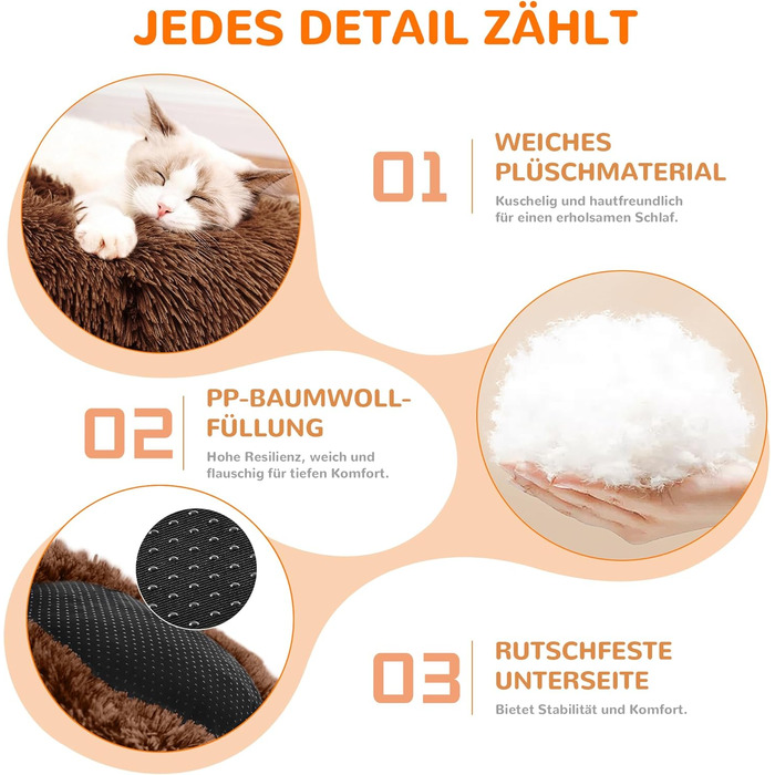 ALLSOPETS заспокійливе ліжко для собак і котів, м'яке плюшеве кругле, для малих і середніх порід, знімний чохол, протиковзка основа, темно-коричневе, 70 см