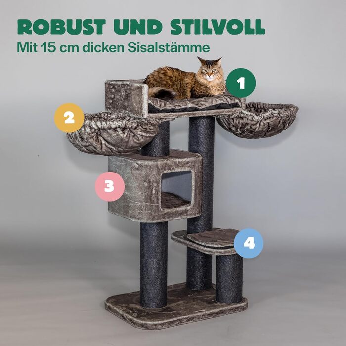 Дряпка для великих котів RHRQuality Devon Rex Plus 120 см, з 15 см сизалевими стовпами та ігровим будиночком, чорна лінія, тауп