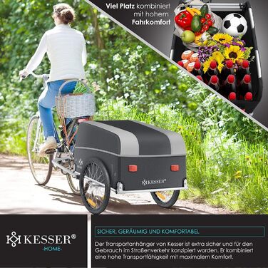 Причіп для велосипеда KESSER® вантажний, 120 літрів, сірий/чорний, з дахом та складною високою тягою