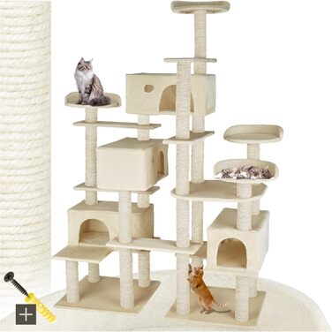 Тектейк® Кігтеточка для котів велика, кігтеточка з аксесуарами, XXL кігтеточка з 4 будиночками, ігровий комплекс з кігтестолом, кігтеточний стовп з сизалю, можливе кріплення до стіни - сірий (Бежевий | № 403919)
