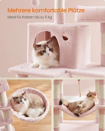 Когтеточка для котів Feandrea, 168 см, велика, з 13 когтеточковими стовпами, 2 платформами, 2 будиночками, гамаком, м'ячиками, PCT165W01, пастельно-рожевий