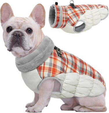 Зимовий теплий куртка для собак Kuoser, водонепроникний та вітрозахисний, з підкладкою з флісу, світловідбивачі, блискавка, комір з хутром, D-кільце, для малих собак, XS, червоний в клітинку