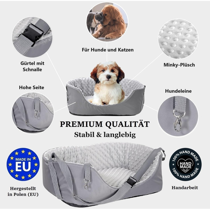 Автокрісло для собак KING DOG до 8 кг, сіре, 50x40 см. Зручна переноска з кріпленням на ремінь безпеки та м'яким килимком. Фолдне, миється. Підходить для SUV та легкових автомобілів.