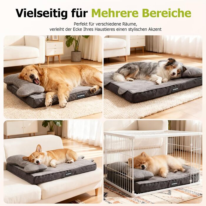 Ортопедичне собаче ліжко з миючим чохлом, водонепроникне собаче ліжко з піною з пам'яті та знімним підголовником для підтримки голови та суглобів, неслизьке собаче ліжко для середніх та великих собак XL: 106 x 76 x 22 см, сірий